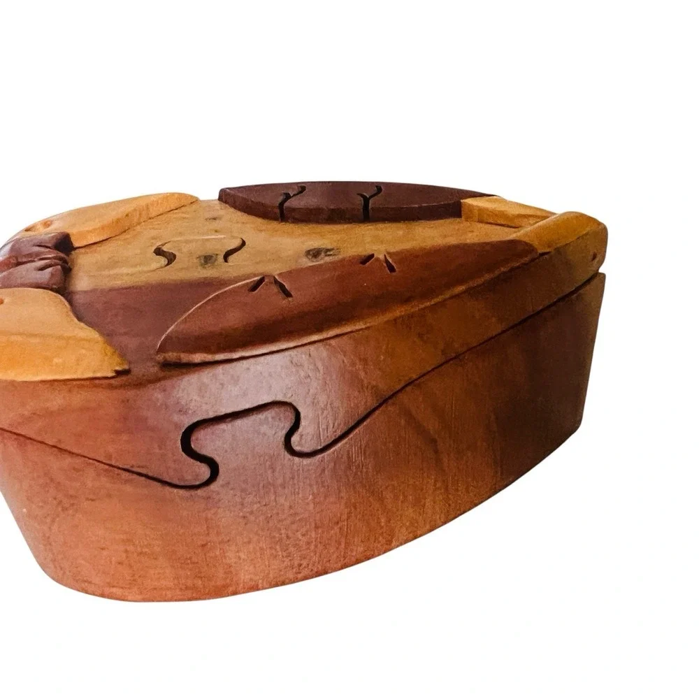 Vintage Wooden Puzzle Trinket Box Love Birds Parrot Hand Carved Artisan Folkart